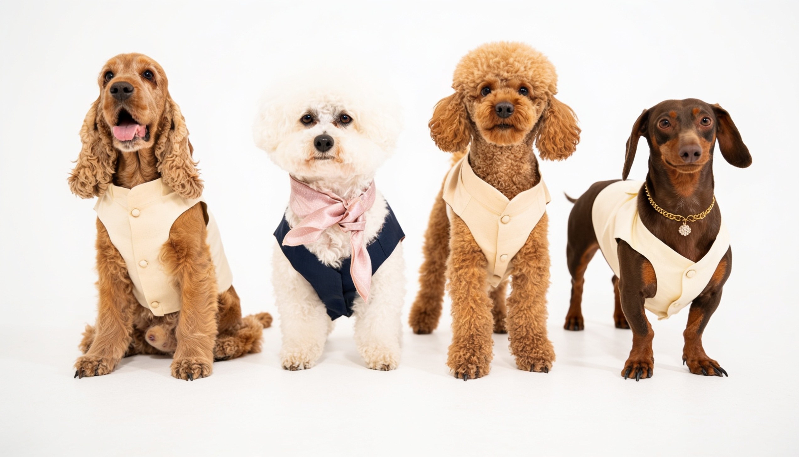 The CosmoPaw dogs together — a cocker spaniel, a bichon, a toy poodle and a dachshund in hand-finished pieces